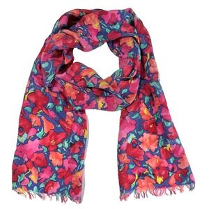 Vintage Floral Silk Scarf Pink Red Blue Watercolor Print Long Fringe Wrap
